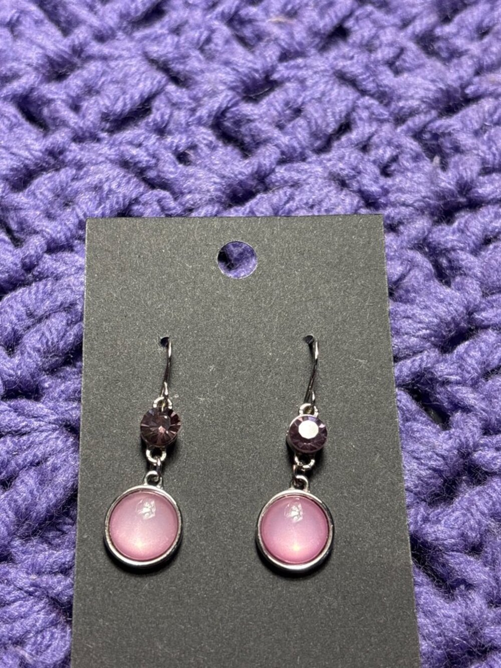 Pink Moonglow Cabochon Rhinestone Dangle Earrings Silvertone 1 inch